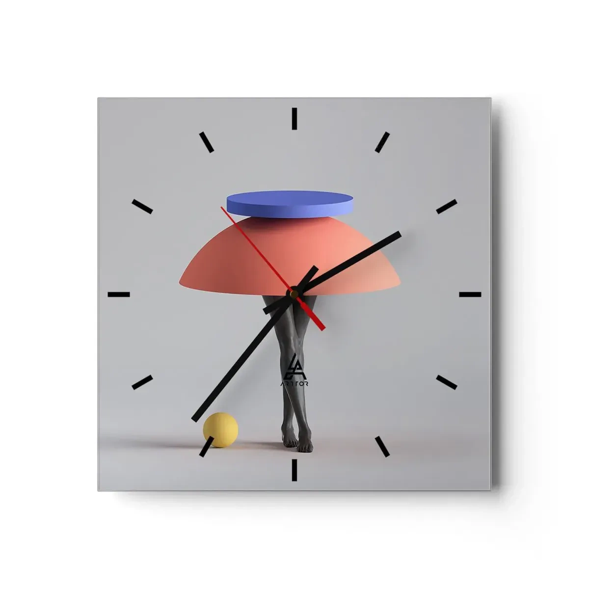 Wanduhr - Glasuhr - Abstrakte geometrische Komposition mit Beinen und einem Ball - 30x30cm - Surrealistische Komposition - Moderne Wanddekoration für Wohnzimmer und Schlafzimmer ARTTOR