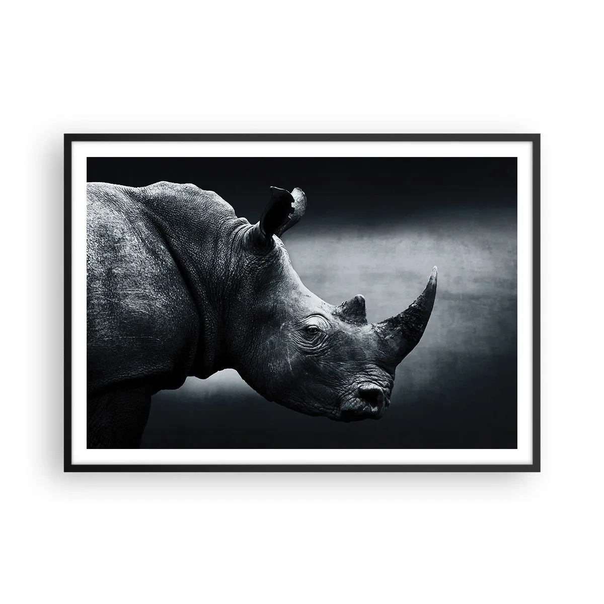 Poster in einem schwarzem Rahmen - Schwarz-Weiß-Porträt eines Nashorns vor dunklem Hintergrund - 100x70cm - Richtiges Profil - Moderne Wanddekoration für Wohnzimmer und Schlafzimmer ARTTOR
