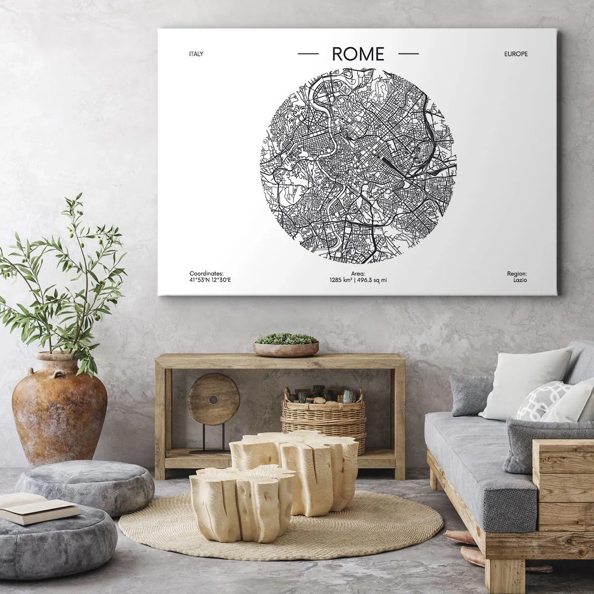 Bild auf Leinwand - Leinwandbild - Eine Karte von Rom im minimalistischen Schwarz-Weiß-Stil - 70x50cm - Anatomie von Rom - Moderne Wanddekoration für Wohnzimmer und Schlafzimmer ARTTOR