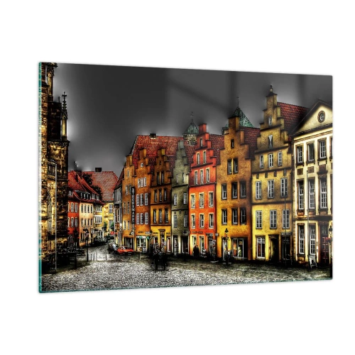 Glasbild - Bild auf glas - Bunte Mietshäuser vor dem Hintergrund eines bewölkten Himmels - 120x80cm - Es fehlt nur noch ein verzaubertes Taxi - Moderne Wanddekoration für Wohnzimmer und Schlafzimmer ARTTOR