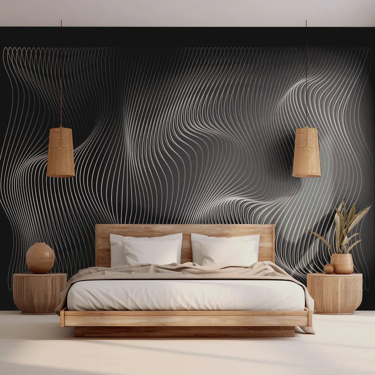 Fototapete Premium Sand - Hypnotisierende Lichtwellen auf schwarzem Hintergrund - 100x70cm - Lichttanz im Raum - Moderne Wanddekoration für Wohnzimmer und Schlafzimmer ARTTOR