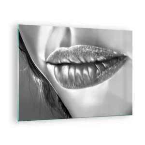 Glasbild - Bild auf glas - Sinnlich-feminine Lippen in monochromen Tönen - 70x50cm - Ich weiß, was du denkst… - Moderne Wanddekoration für Wohnzimmer und Schlafzimmer ARTTOR