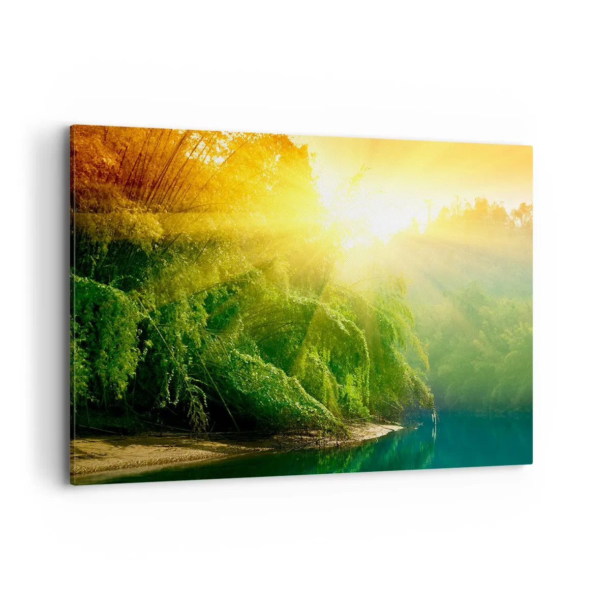 Bild auf Leinwand - Leinwandbild - Ein grüner Wald am Fluss, beleuchtet von den Strahlen der aufgehenden Sonne - 120x80cm - In Sonne und Schatten ertrinken - Moderne Wanddekoration für Wohnzimmer und Schlafzimmer ARTTOR