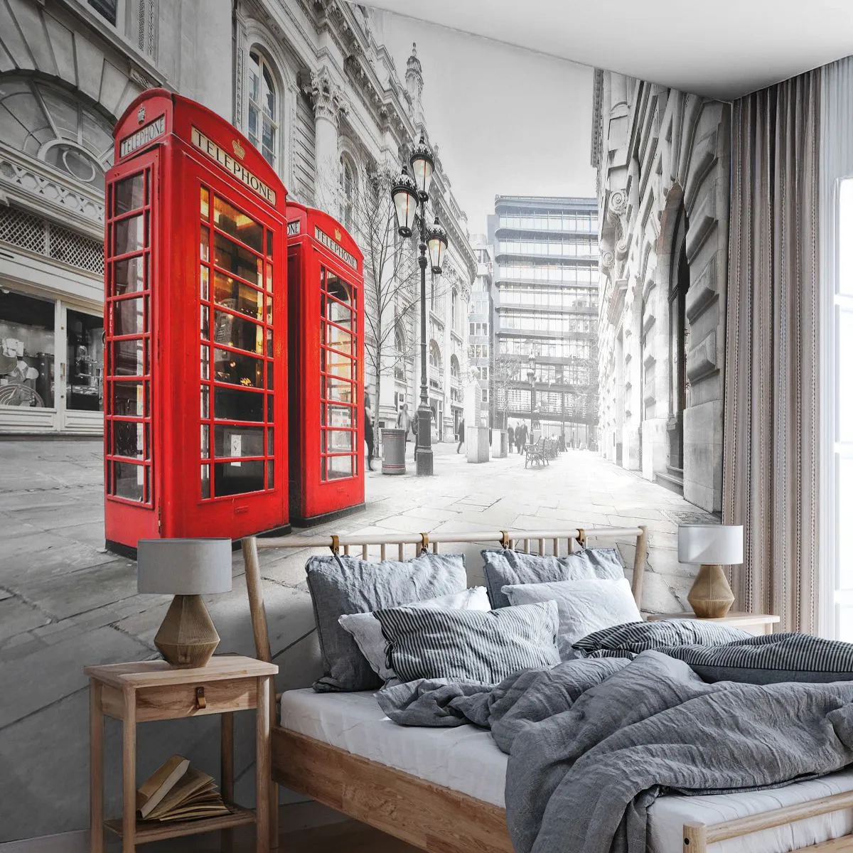 Fototapete Standard Eco - Rote Telefonzellen vor der Kulisse von London - 100x70cm - Willkommen in London - Moderne Wanddekoration für Wohnzimmer und Schlafzimmer ARTTOR