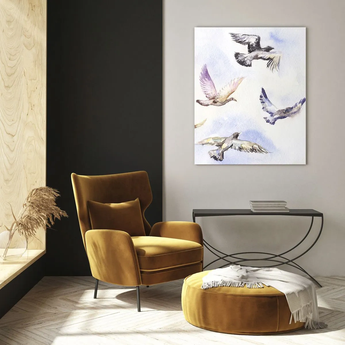 Glasbild - Bild auf glas - Aquarellvögel im Flug vor einem zarten Himmel - 70x100cm - Freiheit in Grau und Blau - Moderne Wanddekoration für Wohnzimmer und Schlafzimmer ARTTOR