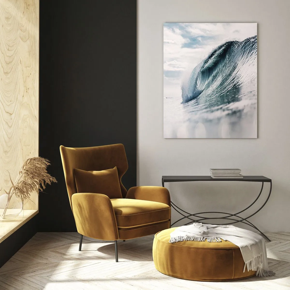 Glasbild - Bild auf glas - Eine Meereswelle, eingefangen in einem dynamischen Moment vor dem Himmel - 80x120cm - Wasserspitze - Moderne Wanddekoration für Wohnzimmer und Schlafzimmer ARTTOR