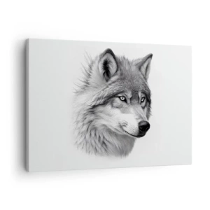 Bild auf Leinwand - Leinwandbild - Ein realistisches Porträt eines Wolfes in Grautönen. - 70x50cm - Alpha – ohne Zweifel - Moderne Wanddekoration für Wohnzimmer und Schlafzimmer ARTTOR
