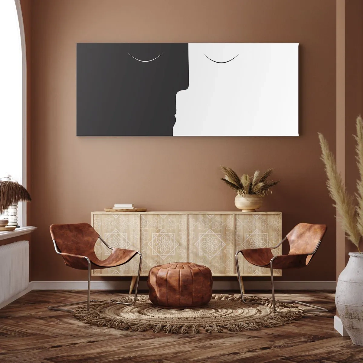 Bild auf Leinwand - Leinwandbild - Eine minimalistische Silhouette zweier Gesichter in Kontrastfarben. - 160x50cm - Einheit der Gegensätze - Moderne Wanddekoration für Wohnzimmer und Schlafzimmer ARTTOR