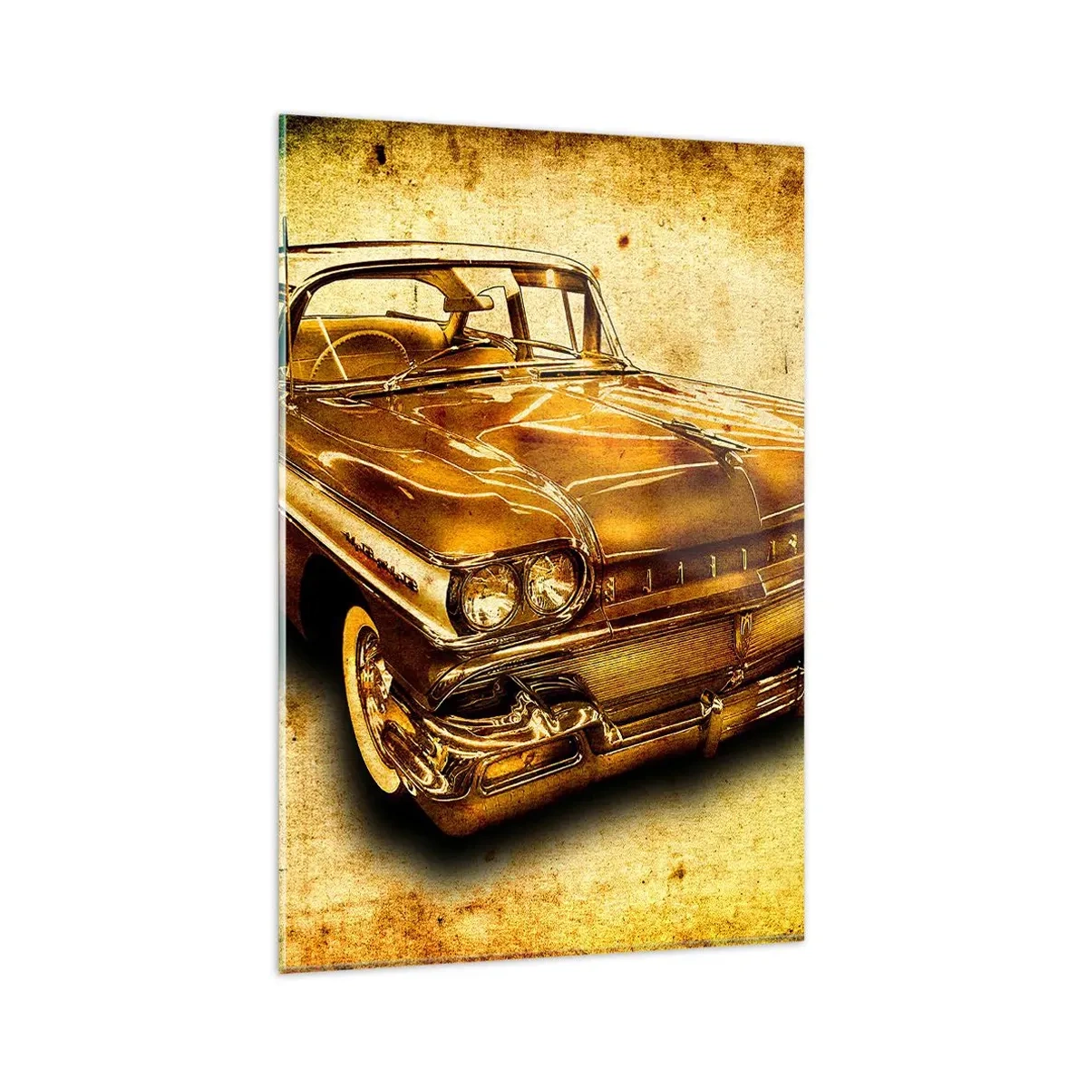 Glasbild - Bild auf glas - Ein goldenes klassisches Retro-Auto auf einem Vintage-Hintergrund mit gealtertem Effekt. - 80x120cm - Die unvergängliche Schönheit der Klassiker - Moderne Wanddekoration für Wohnzimmer und Schlafzimmer ARTTOR