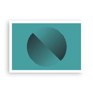 Poster - Ein minimalistischer Kreis mit Linien auf türkisfarbenem Hintergrund. - 100x70cm - Kreis – eine geometrische Variante - Moderne Wanddekoration für Wohnzimmer und Schlafzimmer ARTTOR