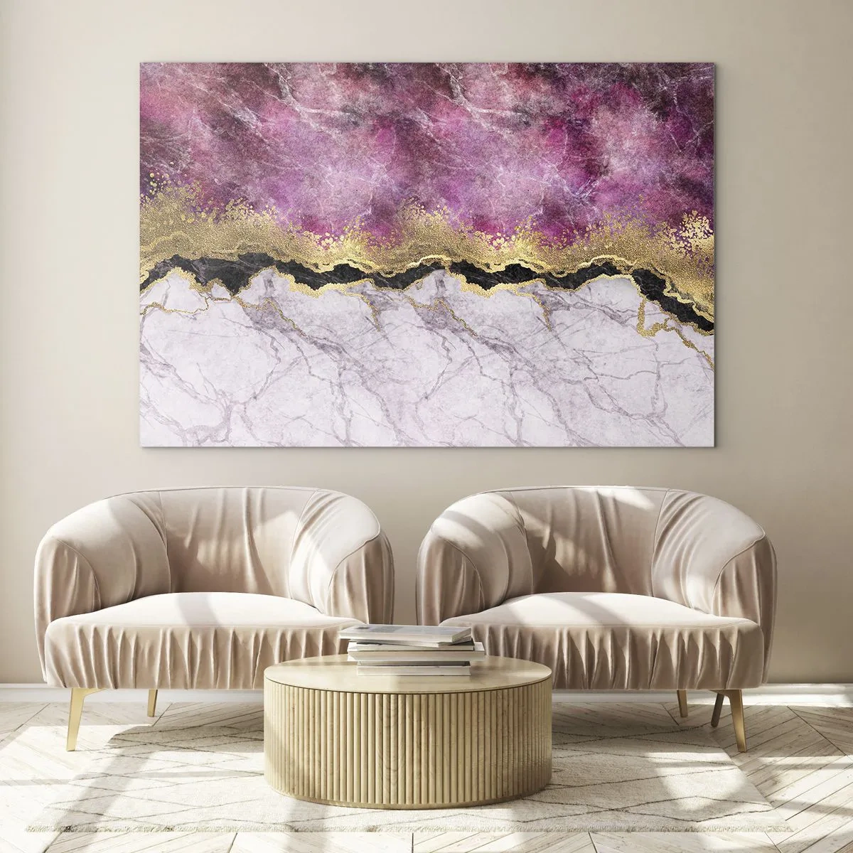 Glasbild - Bild auf glas - Abstrakte Marmorkomposition mit goldenen und violetten Akzenten - 70x50cm - An der Grenze - Moderne Wanddekoration für Wohnzimmer und Schlafzimmer ARTTOR