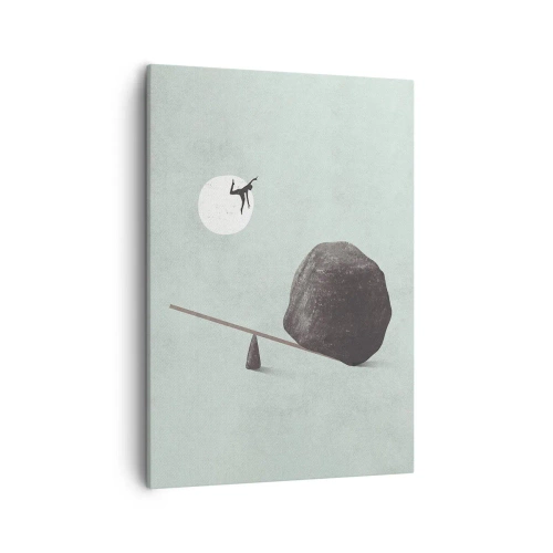 Bild auf Leinwand - Leinwandbild - Eine symbolische Szene mit einer Figur und einem Gleichgewicht vor einem hellen Himmel. - 50x70cm - Erfüllte Träume - Moderne Wanddekoration für Wohnzimmer und Schlafzimmer ARTTOR