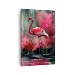 Bild auf Leinwand - Leinwandbild - Flamingos am Wasser, umgeben von Vegetation - 80x120cm - Lektion in natürlicher Anmut - Moderne Wanddekoration für Wohnzimmer und Schlafzimmer ARTTOR