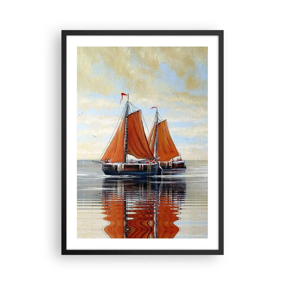Poster in einem schwarzem Rahmen - Segelboote auf ruhigem Wasser mit roten Segeln - 50x70cm - Hey, Segel, Matrose ... - Moderne Wanddekoration für Wohnzimmer und Schlafzimmer ARTTOR