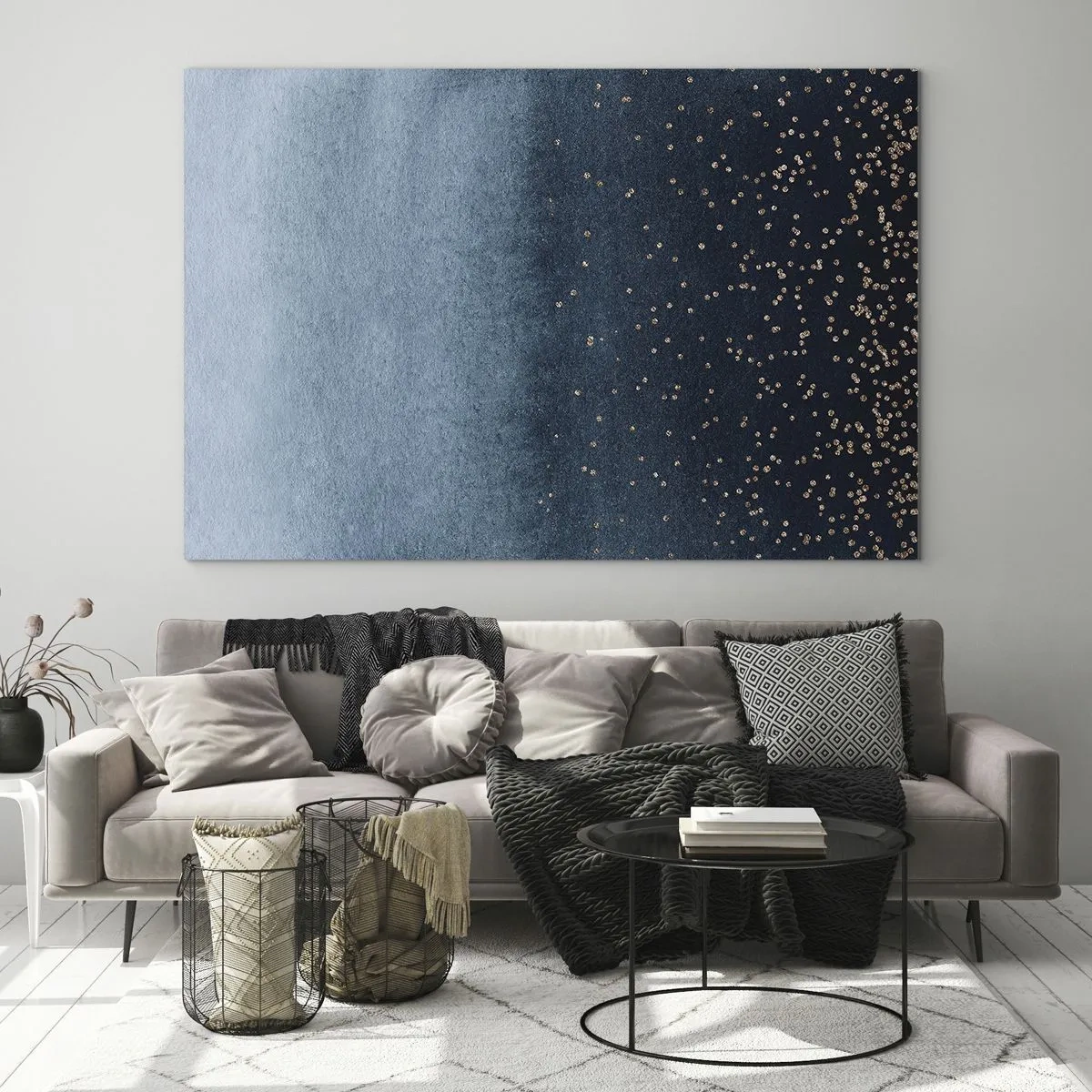 Glasbild - Bild auf glas - Marineblaue Farbverläufe mit winzigen goldenen Punkten - 70x50cm - Komposition - blaue Phasen - Moderne Wanddekoration für Wohnzimmer und Schlafzimmer ARTTOR