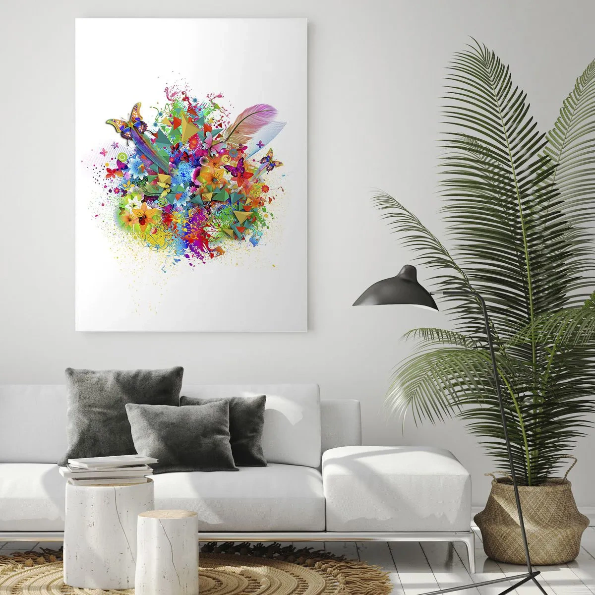 Glasbild - Bild auf glas - Bunte Abstraktion mit Schmetterlingen, Blumen und Federn auf weißem Hintergrund - 50x70cm - Ein Strauß Freude - Moderne Wanddekoration für Wohnzimmer und Schlafzimmer ARTTOR