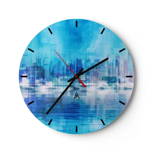 Wanduhr - Glasuhr - Ein Stadtpanorama in Blau- und Lilatönen mit abstrakter Wirkung. - 30x30cm - In Blau ertrunken - Moderne Wanddekoration für Wohnzimmer, Küche und Schlafzimmer ARTTOR