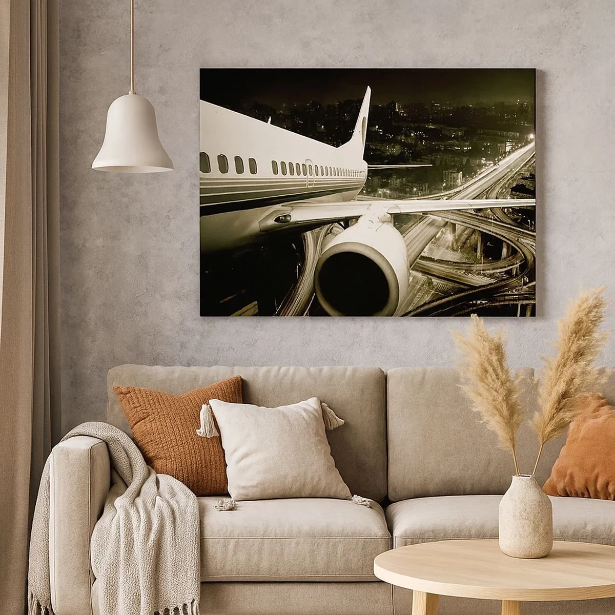 Bild auf Leinwand - Leinwandbild - Ein Flugzeug über einer nächtlichen Stadt mit beleuchteten Autobahnen - 70x50cm - In die Nacht fliegen - Moderne Wanddekoration für Wohnzimmer und Schlafzimmer ARTTOR