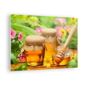 Glasbild - Bild auf glas - Gläser mit Honig vor einem Hintergrund von Blumen im Garten - 70x50cm - Süß und blumig - Moderne Wanddekoration für Wohnzimmer und Schlafzimmer ARTTOR