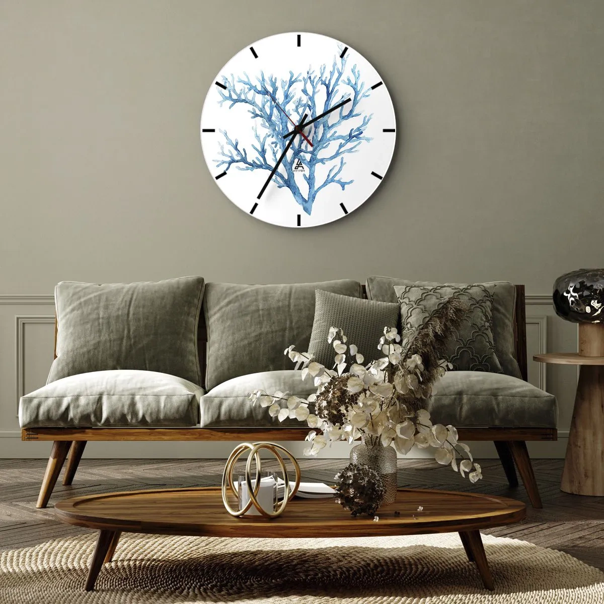 Wanduhr - Glasuhr - Illustration einer blauen Koralle auf weißem Hintergrund - 30x30cm - Nautisches Filigran - Moderne Wanddekoration für Wohnzimmer, Küche und Schlafzimmer ARTTOR