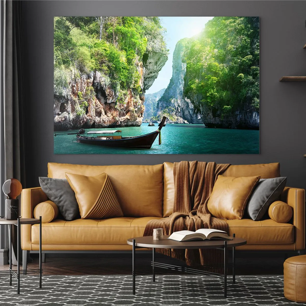 Glasbild - Bild auf glas - Ein traditionelles Boot auf türkisfarbenem Wasser zwischen Klippen - 70x50cm - Eine Einladung zu einer exotischen Reise - Moderne Wanddekoration für Wohnzimmer und Schlafzimmer ARTTOR