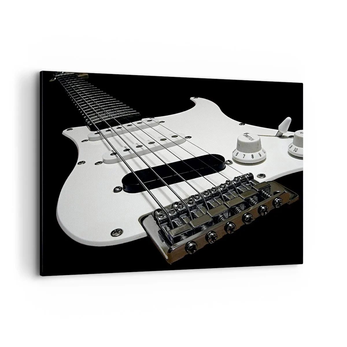 Bild auf Leinwand - Leinwandbild - Nahaufnahme einer weißen E-Gitarre auf schwarzem Hintergrund. - 120x80cm - In Weiß versteckter Ton - Moderne Wanddekoration für Wohnzimmer und Schlafzimmer ARTTOR