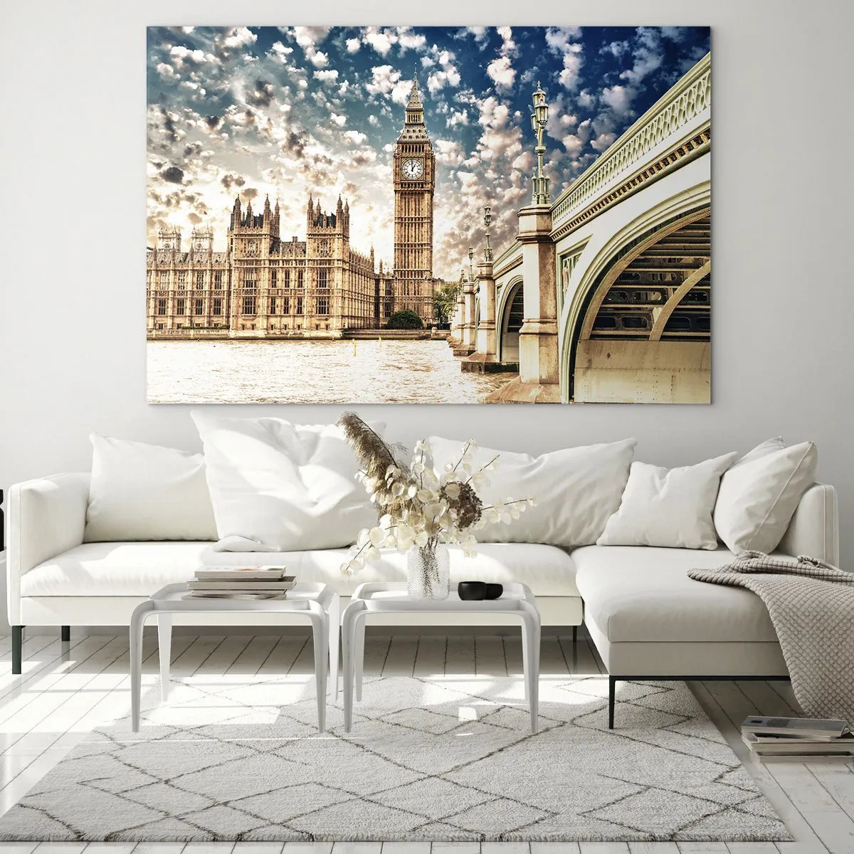 Glasbild - Bild auf glas - Big Ben und Westminster Bridge in London - 70x50cm - Federwolken über der Themse - Moderne Wanddekoration für Wohnzimmer und Schlafzimmer ARTTOR