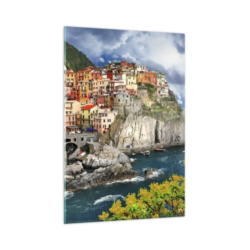 Glasbild - Bild auf glas - Bunte Häuser auf einer Klippe mit Blick auf das Meer in Cinque Terre - 80x120cm - Eine Gruppe umarmt die Felsen - Moderne Wanddekoration für Wohnzimmer und Schlafzimmer ARTTOR