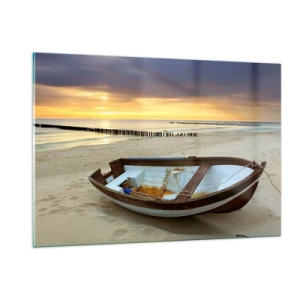 Glasbild - Bild auf glas - Ein Boot an einem Sandstrand bei Sonnenaufgang - 120x80cm - Es gibt keine schöneren Strände - Moderne Wanddekoration für Wohnzimmer und Schlafzimmer ARTTOR