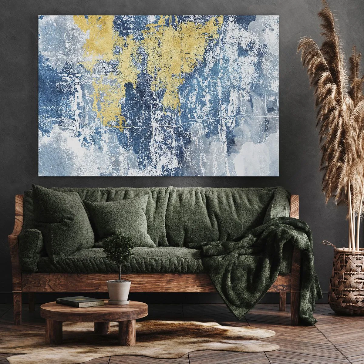Bild auf Leinwand - Leinwandbild - Abstraktion in Blau- und Gelbtönen - 100x70cm - Abstraktion voller Wetter - Moderne Wanddekoration für Wohnzimmer und Schlafzimmer ARTTOR