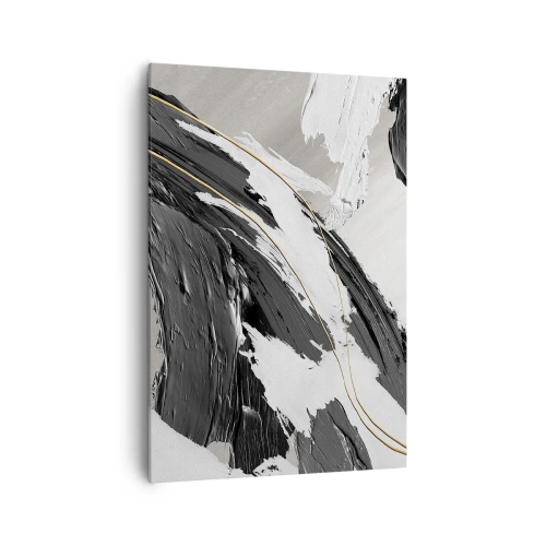 Bild auf Leinwand - Leinwandbild - Schwarze und weiße Pinselstriche mit einem subtilen goldenen Akzent - 70x100cm - Abstraktion in großem Stil - Moderne Wanddekoration für Wohnzimmer und Schlafzimmer ARTTOR