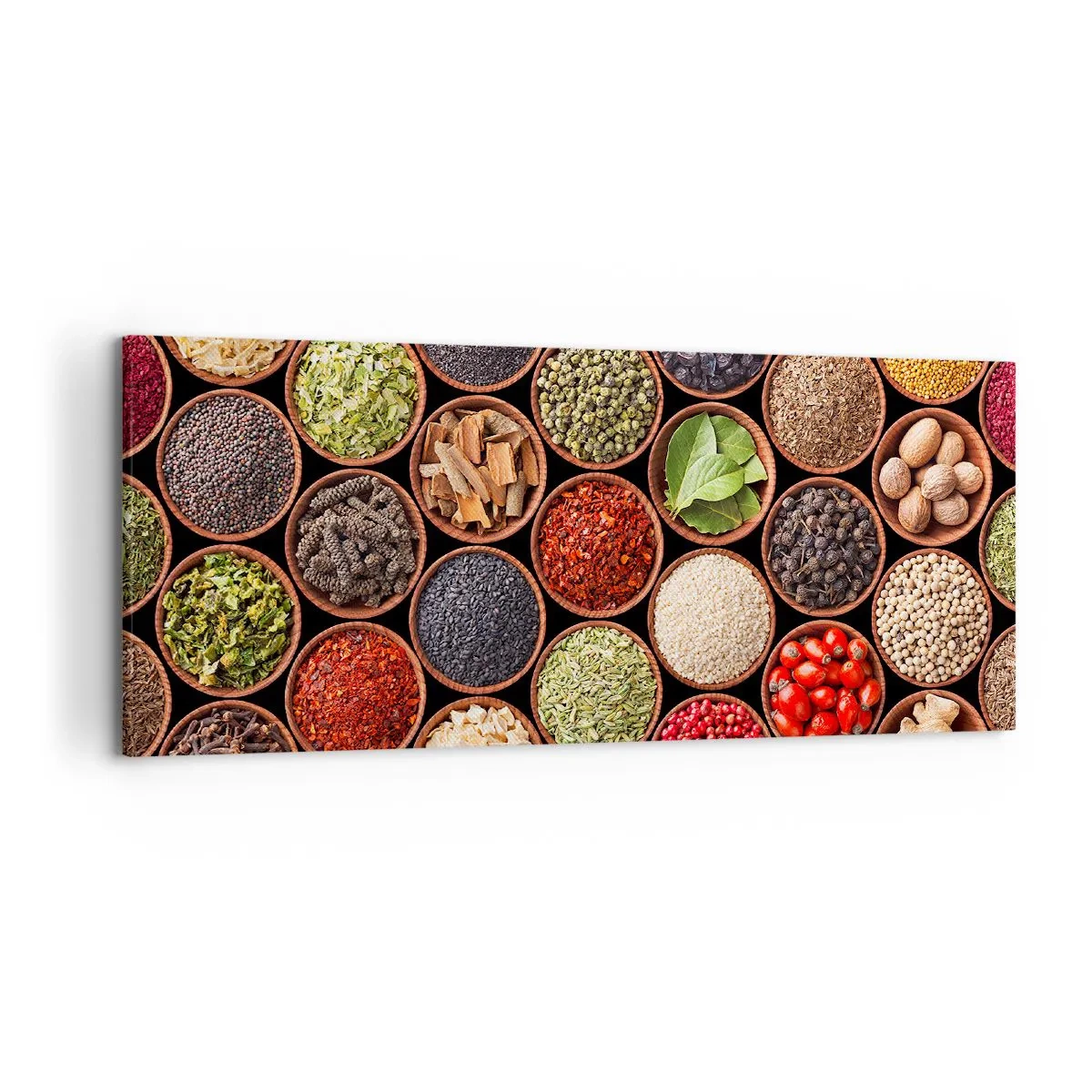 Bild auf Leinwand - Leinwandbild - Bunte Gewürze in runden Behältern - 120x50cm - Alle Aromen der Welt - Moderne Wanddekoration für Wohnzimmer und Schlafzimmer ARTTOR
