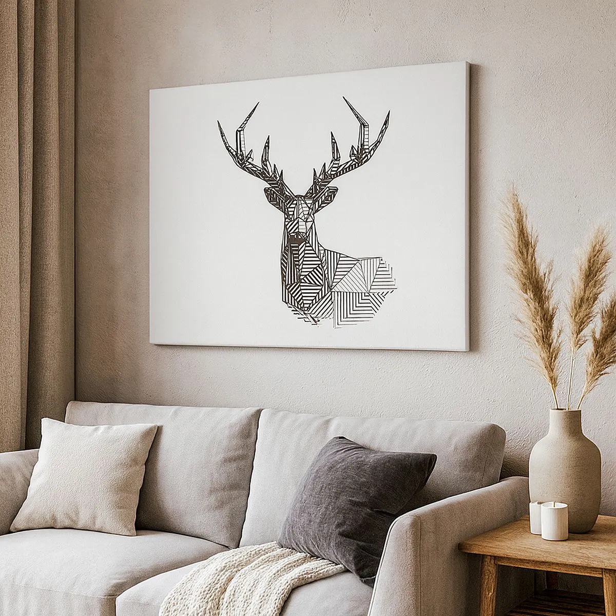 Bild auf Leinwand - Leinwandbild - Geometrisches Bild eines Hirsches im minimalistischen Schwarz-Weiß-Stil - 70x50cm - Ein Hirsch im kubistischen Stil - Moderne Wanddekoration für Wohnzimmer und Schlafzimmer ARTTOR