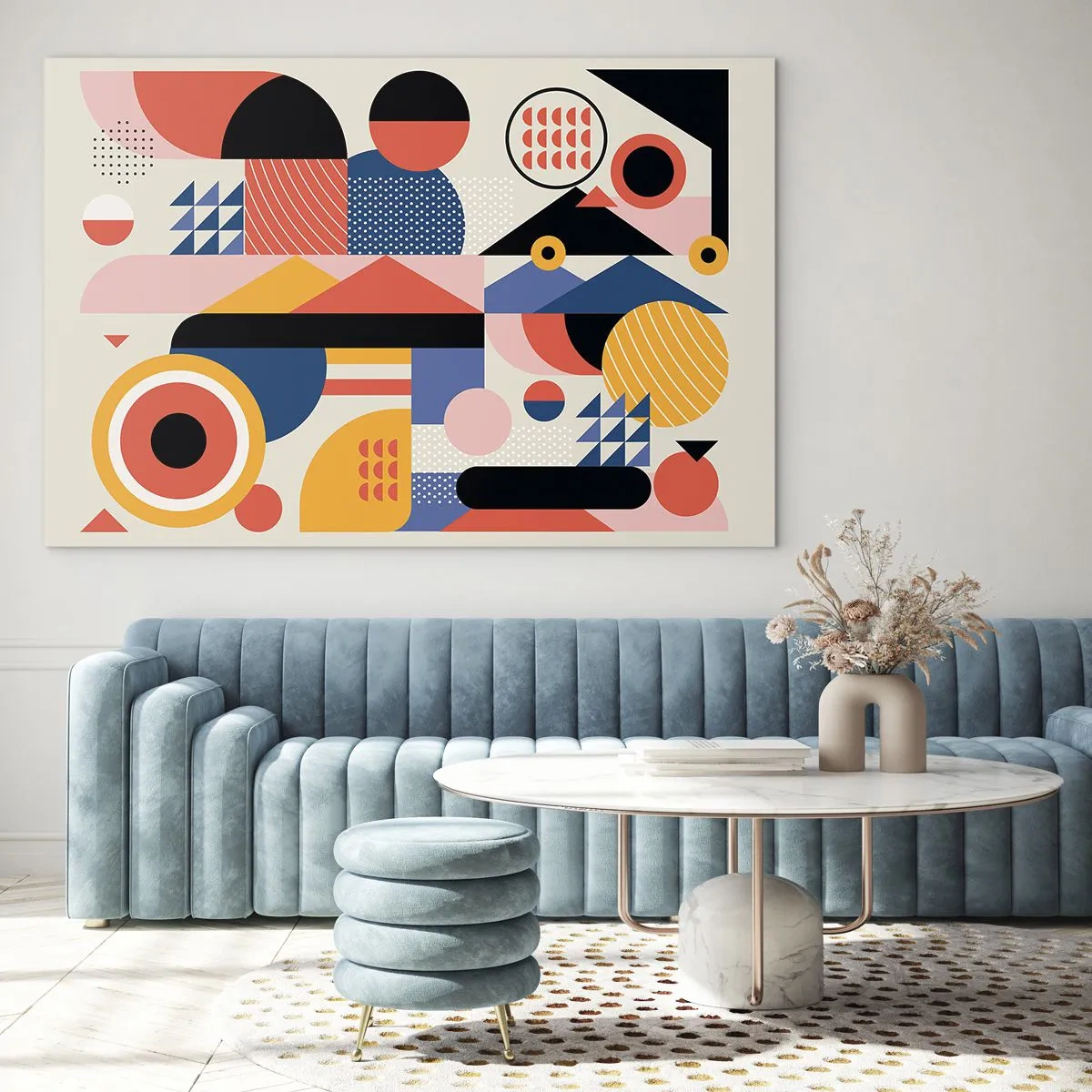 Glasbild - Bild auf glas - Bunte geometrische Abstraktion mit Kreisen und Dreiecken - 100x70cm - Komposition: Na, los, spiel! - Moderne Wanddekoration für Wohnzimmer und Schlafzimmer ARTTOR