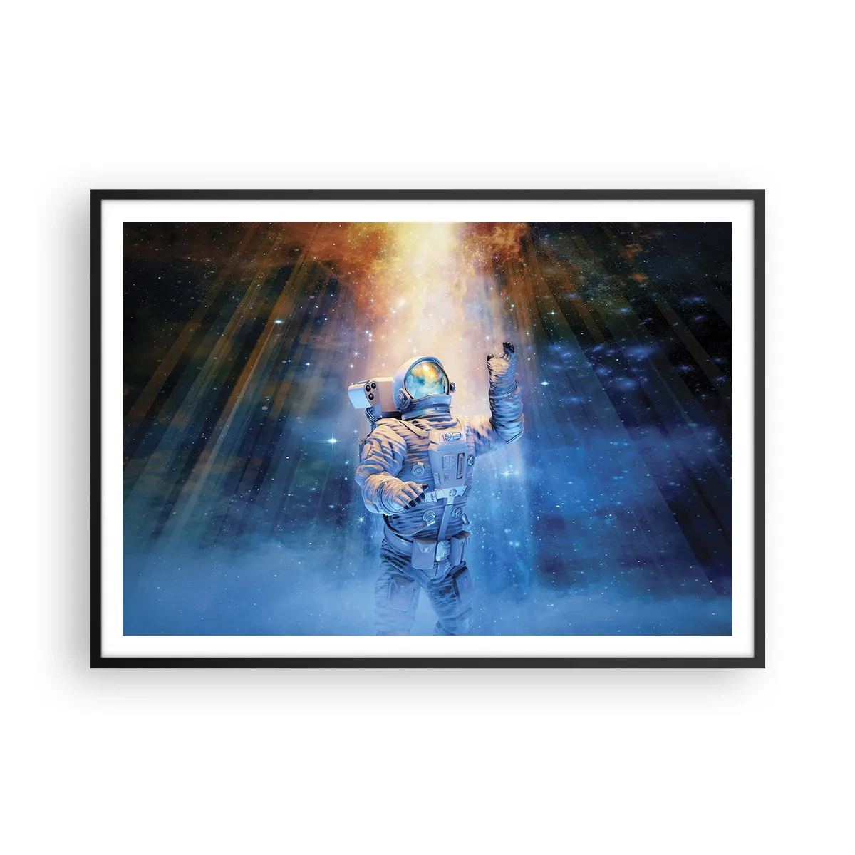 Poster in einem schwarzem Rahmen - Astronaut im Licht einer kosmischen Explosion voller Sterne - 100x70cm - Endlich am Ende - Moderne Wanddekoration für Wohnzimmer und Schlafzimmer ARTTOR