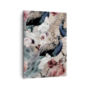 Bild auf Leinwand - Leinwandbild - Eine Landschaft mit Pfauenfedern, Rosen und Vögeln im romantischen Stil. - 50x70cm - Im Schlossgarten - Moderne Wanddekoration für Wohnzimmer und Schlafzimmer ARTTOR