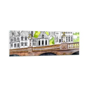 Glasbild - Bild auf glas - Zeichnung der Brücke und historische Stadtarchitektur - 160x50cm - Die Stadt ist gemalt - Moderne Wanddekoration für Wohnzimmer und Schlafzimmer ARTTOR