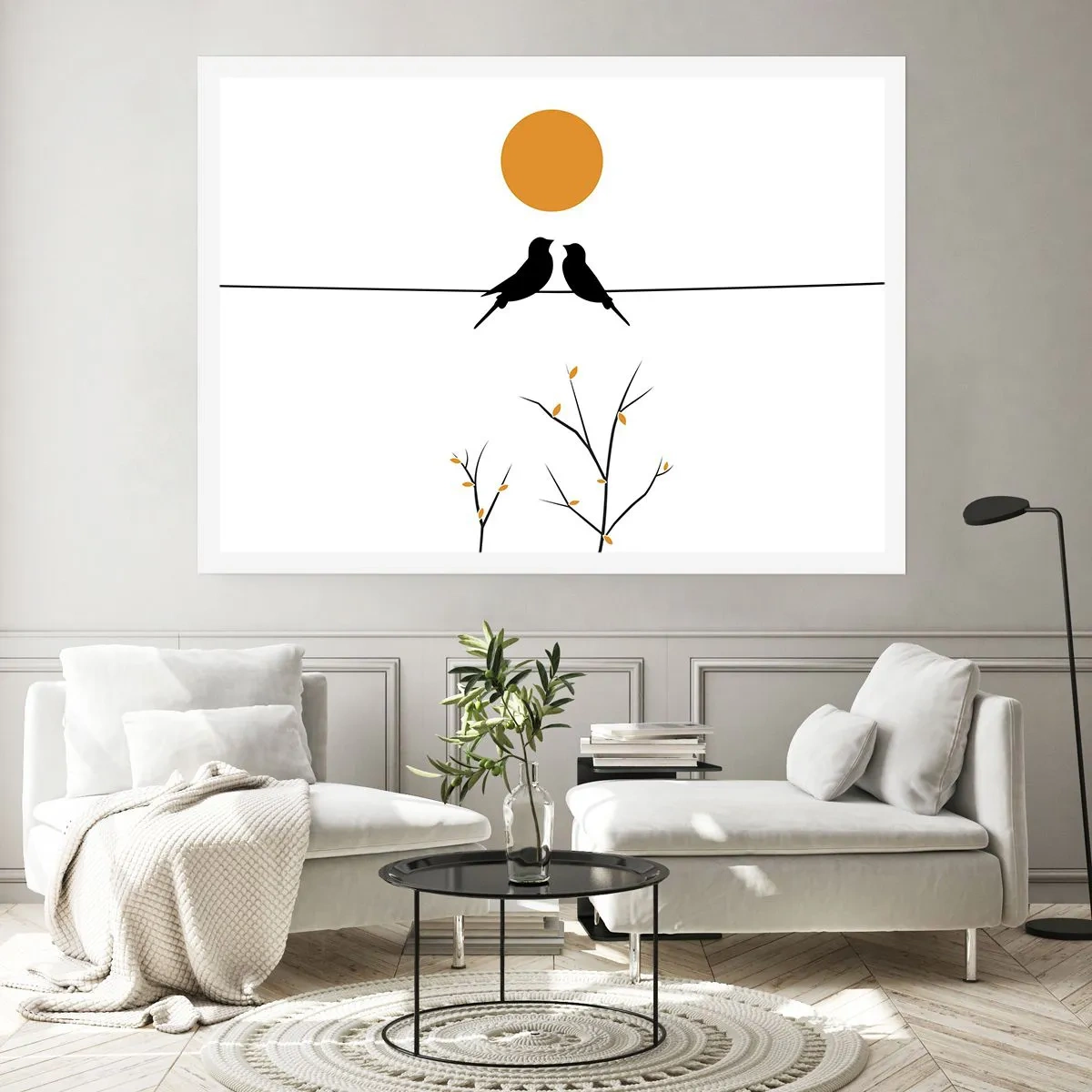 Poster - Vögel auf einer Linie mit einer gelben Sonne - 100x70cm - Abend der Nachtigallen - Moderne Wanddekoration für Wohnzimmer und Schlafzimmer ARTTOR