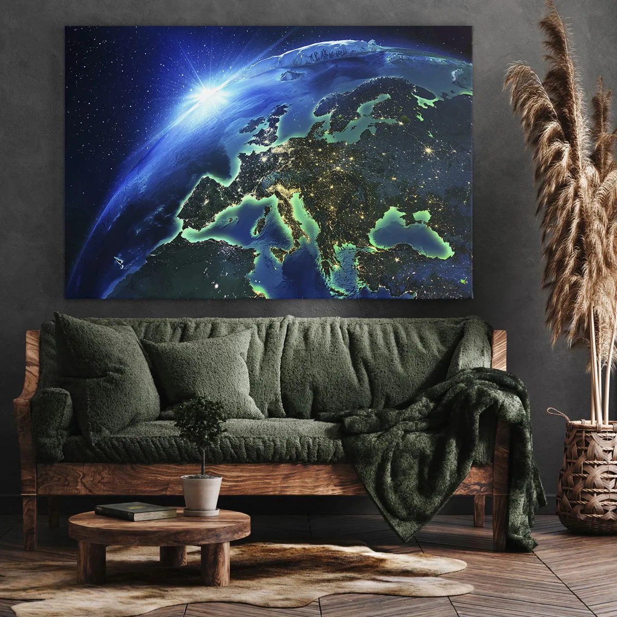 Bild auf Leinwand - Leinwandbild - Ein Blick auf Europa aus dem Weltraum im Schein der aufgehenden Sonne. - 70x50cm - Funkelndes Europa - Moderne Wanddekoration für Wohnzimmer und Schlafzimmer ARTTOR