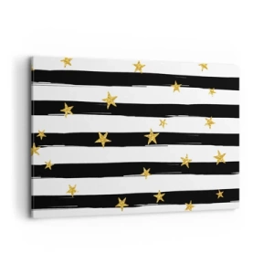 Bild auf Leinwand - Leinwandbild - Schwarz-weiße Streifen mit goldenen Sternen - 120x80cm - Wir wurden alle unter einem glücklichen Stern geboren - Moderne Wanddekoration für Wohnzimmer und Schlafzimmer ARTTOR