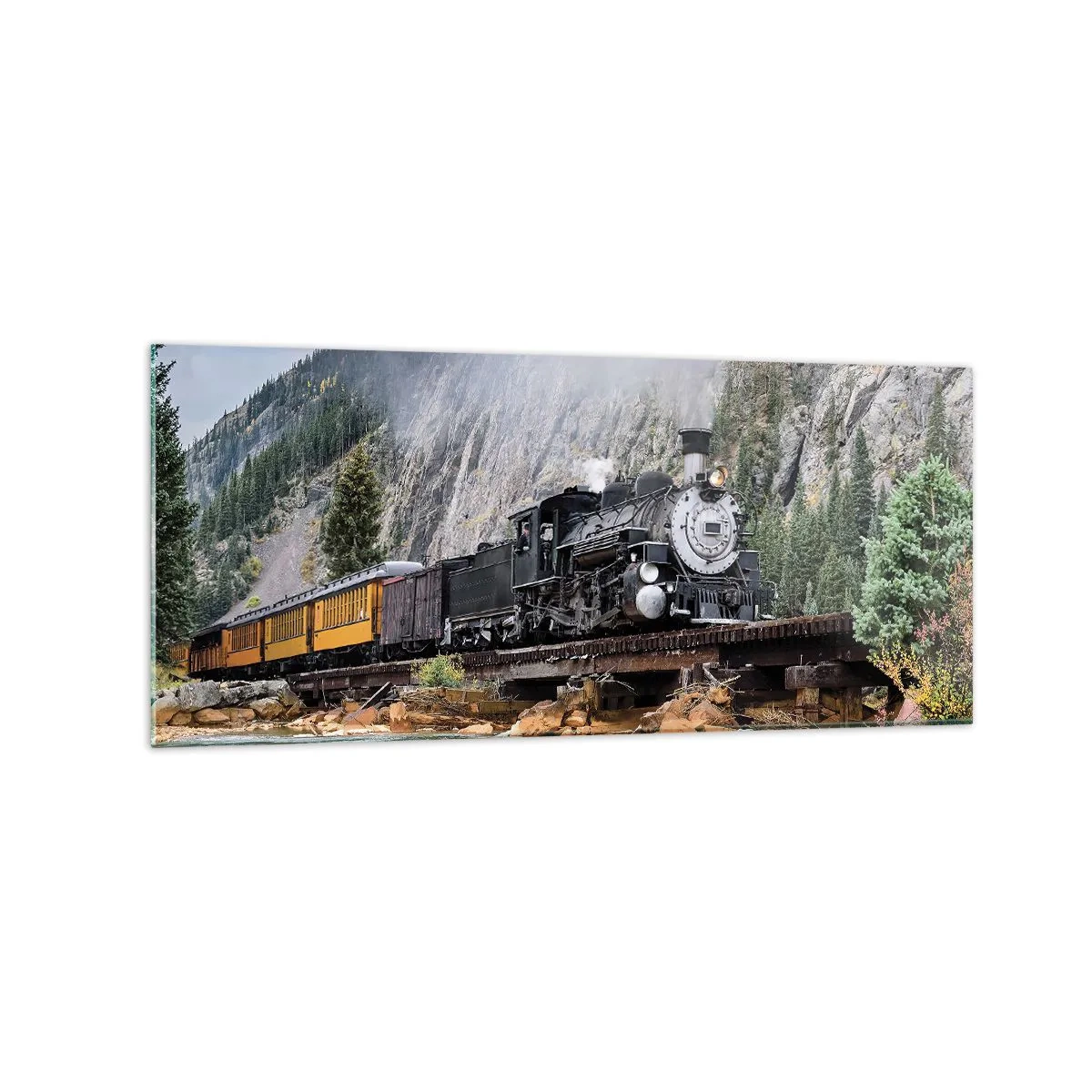 Glasbild - Bild auf glas - Eine Dampflokomotive auf einer Brücke in einer malerischen Berglandschaft - 120x50cm - Wo willst du hin? Wohin? - Moderne Wanddekoration für Wohnzimmer und Schlafzimmer ARTTOR