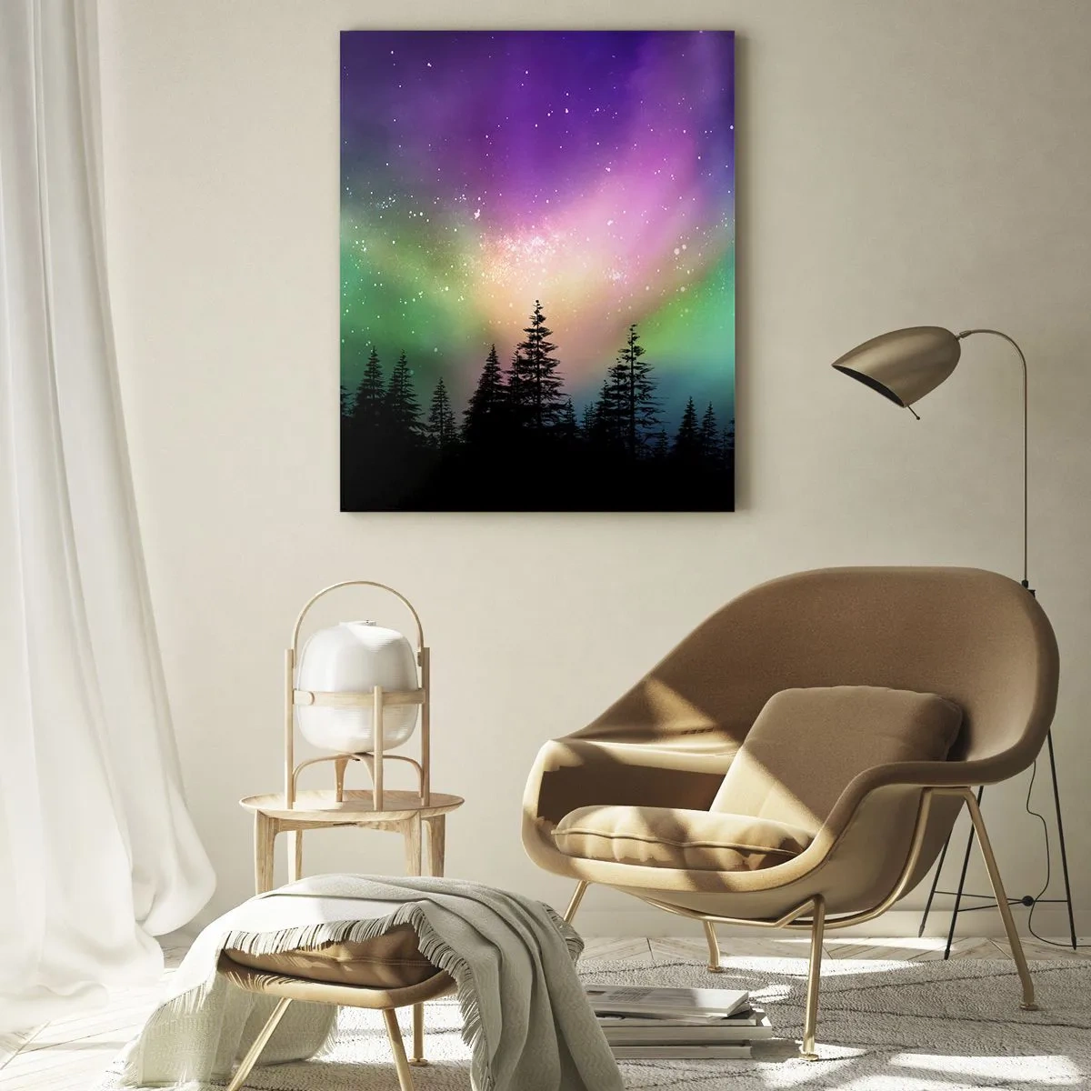 Glasbild - Bild auf glas - Aurora Borealis über einem Wald mit Sternenhimmel - 80x120cm - weiße Magie - Moderne Wanddekoration für Wohnzimmer und Schlafzimmer ARTTOR