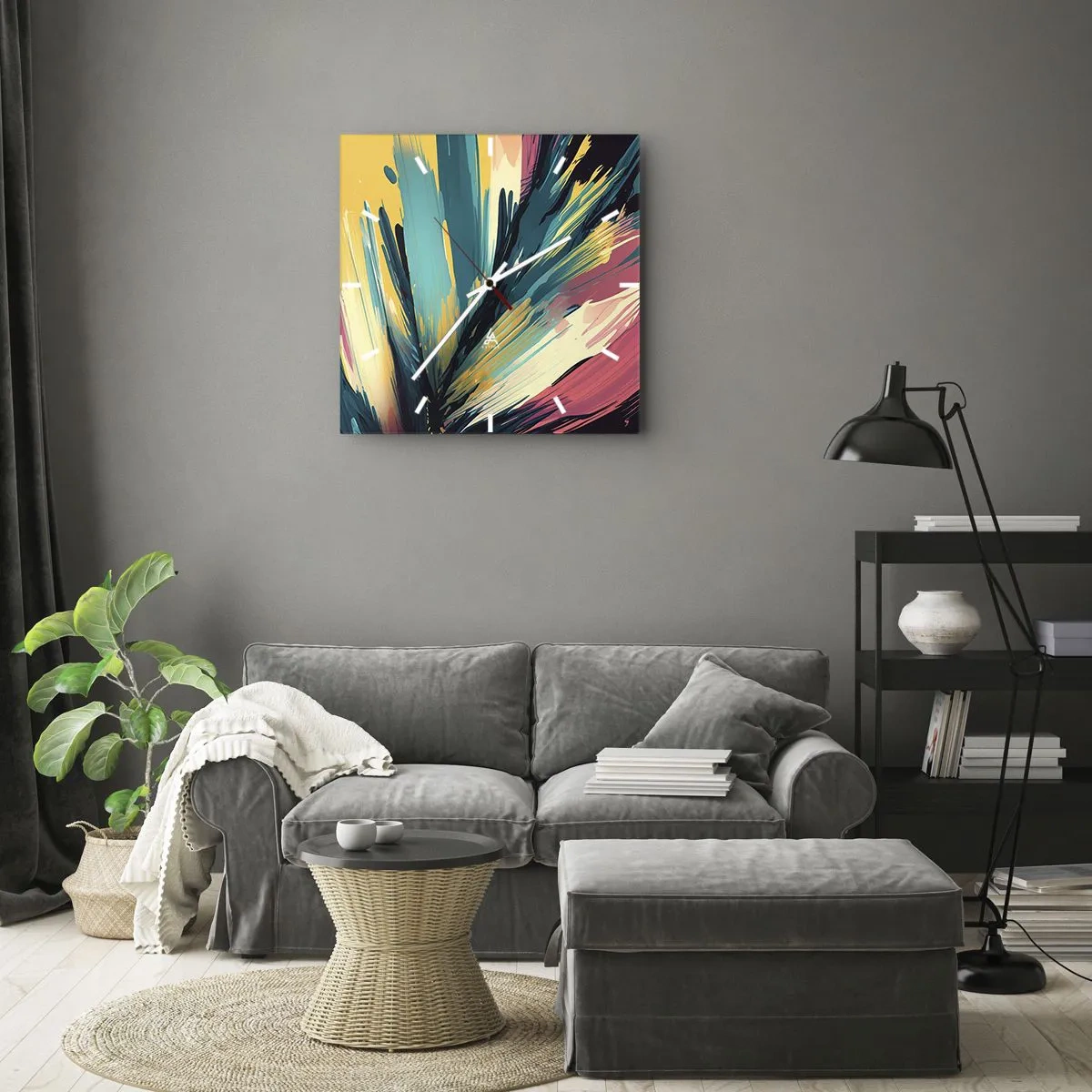 Wanduhr - Glasuhr - Eine abstrakte Komposition in intensiven und kontrastreichen Farben. - 30x30cm - Komposition – eine Explosion der Freude - Moderne Wanddekoration für Wohnzimmer und Schlafzimmer ARTTOR