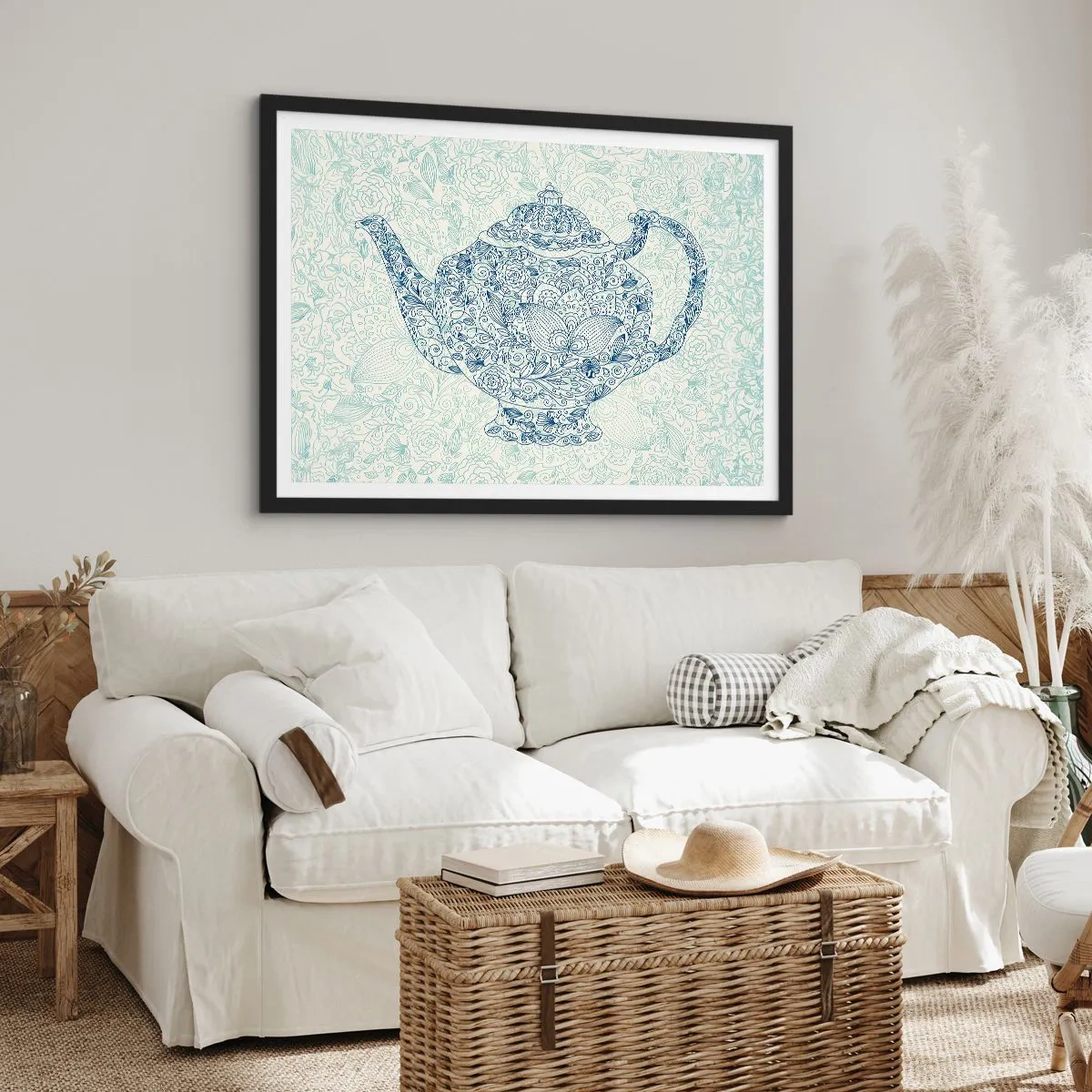 Poster in einem schwarzem Rahmen - Dekorative Zeichnung einer Teekanne mit blauen Ornamenten - 70x50cm - Tee-Charm - Moderne Wanddekoration für Wohnzimmer und Schlafzimmer ARTTOR