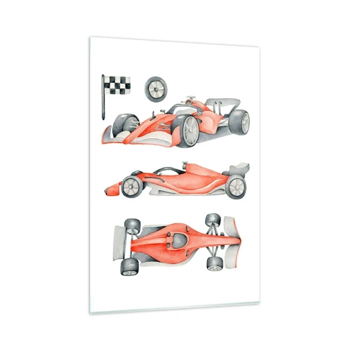 Glasbild - Bild auf glas - Ein roter Rennwagen mit einer Zielflagge - 80x120cm - Dem Traum folgen - Moderne Wanddekoration für Wohnzimmer und Schlafzimmer ARTTOR