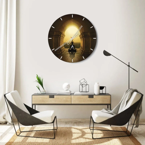 Wanduhr - Glasuhr - Meditation im goldenen Licht des Tempelbogens - 30x30cm - Vollkommene Harmonie - Moderne Wanddekoration für Wohnzimmer, Küche und Schlafzimmer ARTTOR