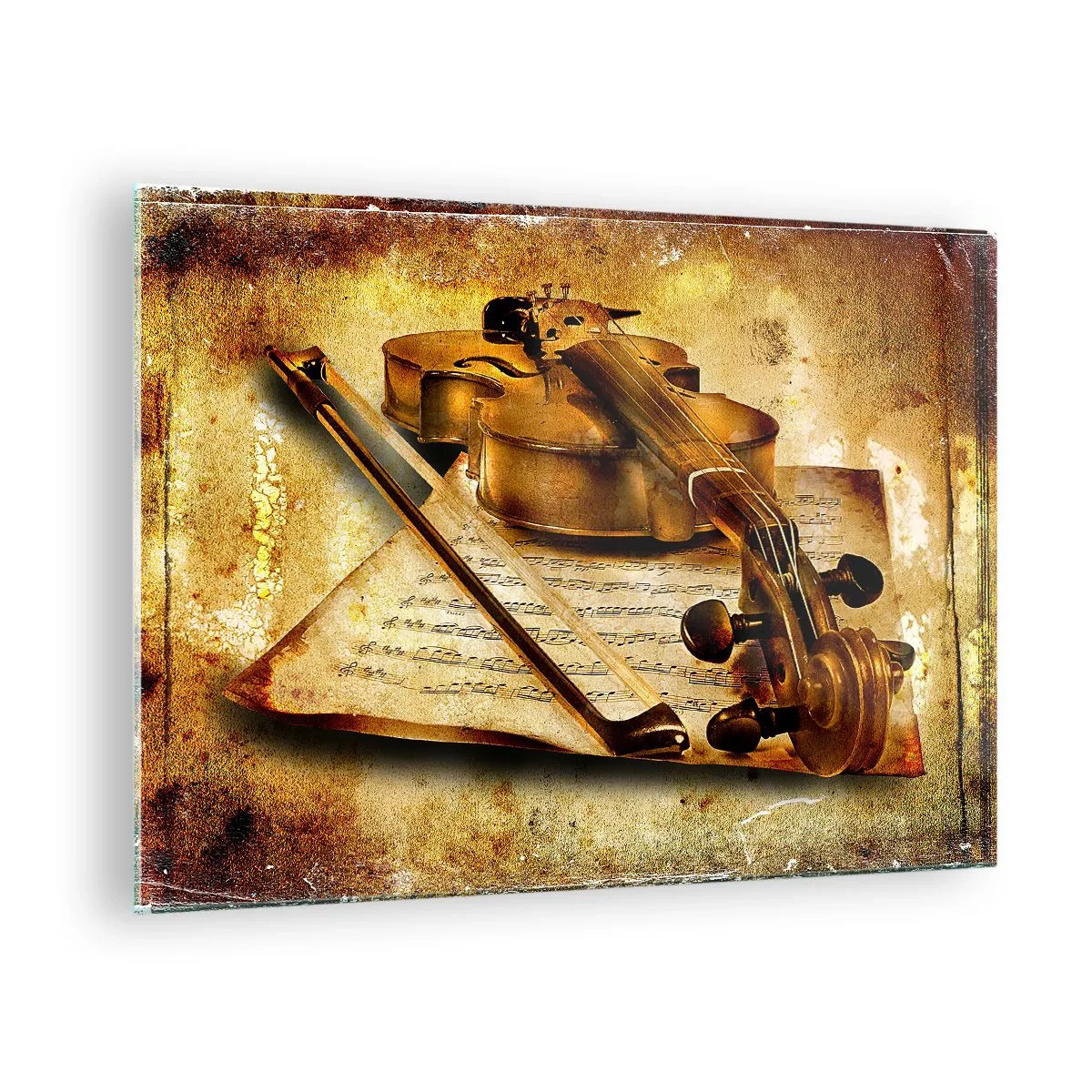 Glasbild - Bild auf glas - Violine mit Noten auf Vintage-Hintergrund - 70x50cm - Ein Virtuose dringend benötigt - Moderne Wanddekoration für Wohnzimmer und Schlafzimmer ARTTOR