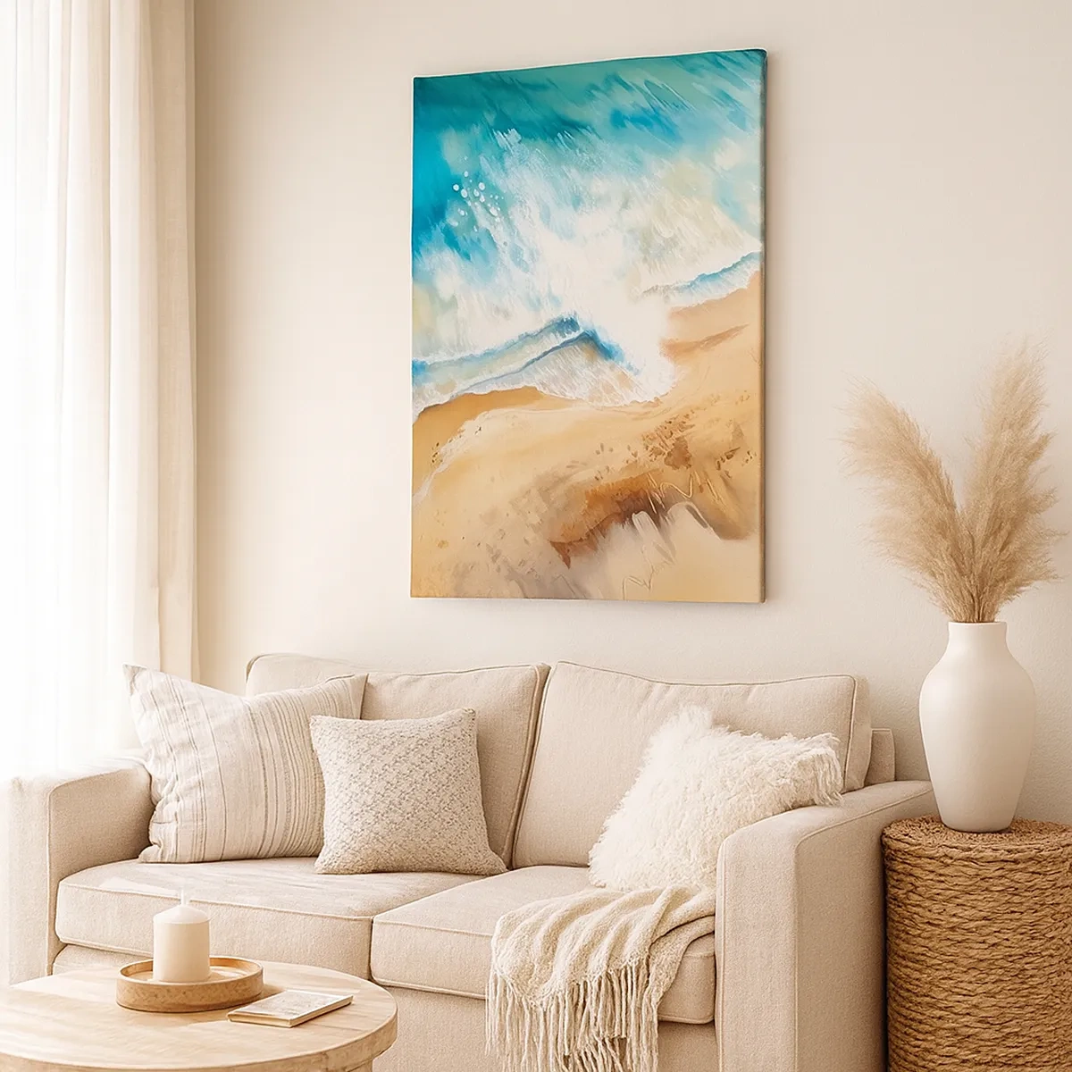 Bild auf Leinwand - Leinwandbild - Eine Meereswelle, die gegen den Sandstrand prallt - 50x70cm - Zurückkehrende Welle - Moderne Wanddekoration für Wohnzimmer und Schlafzimmer ARTTOR