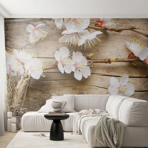 Maßgeschneiderte Fototapete Premium Sand - Und es war Frühling - Blumen, Zweig mit Blumen, Natur
