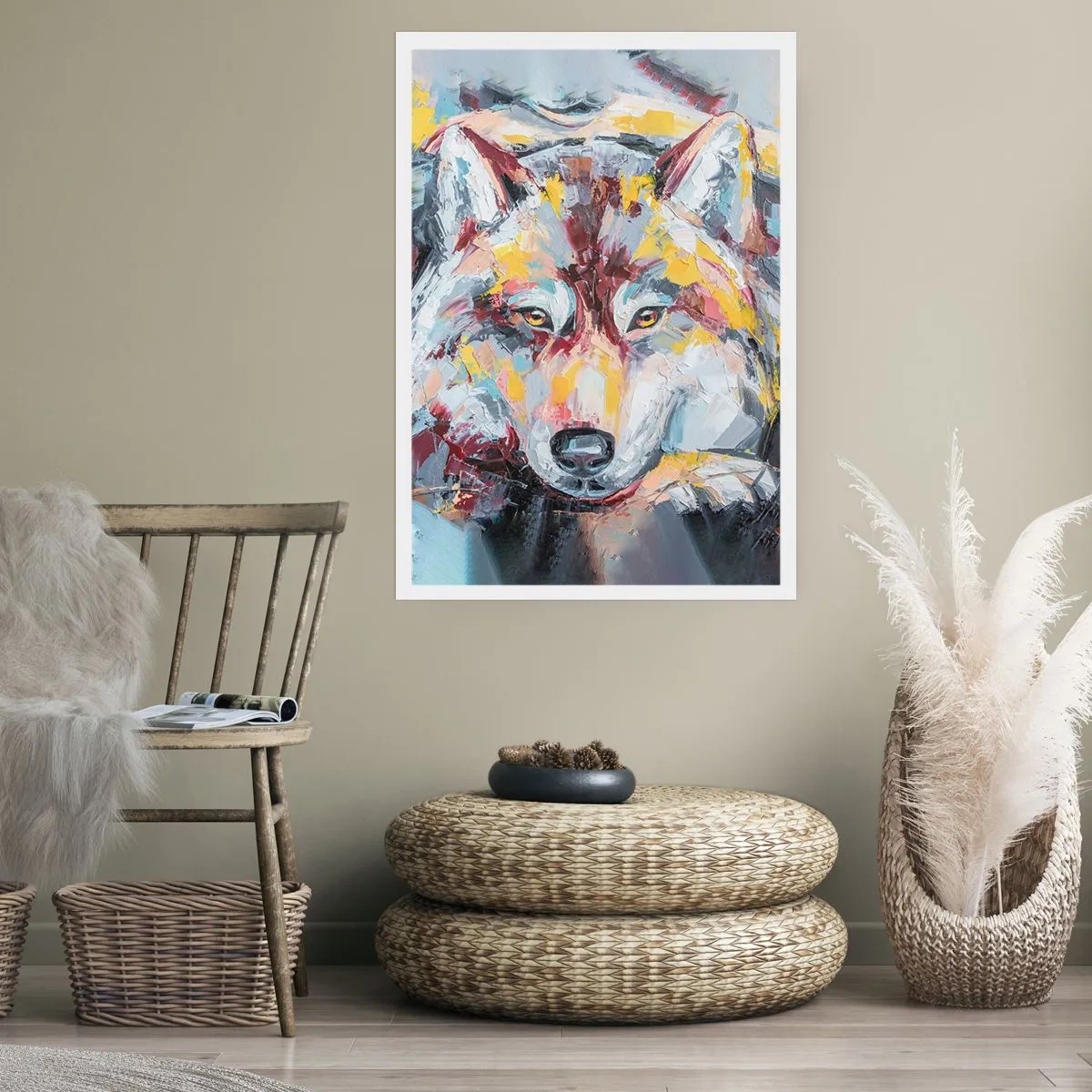 Poster - Abstraktes Porträt eines Wolfes mit bunten Pinselstrichen. - 50x70cm - Seelenfrieden unter den Lieben - Moderne Wanddekoration für Wohnzimmer und Schlafzimmer ARTTOR